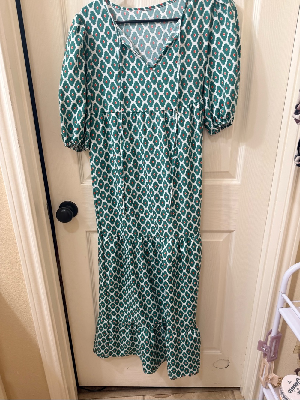 Green Patterned V-Neck Midi Dress